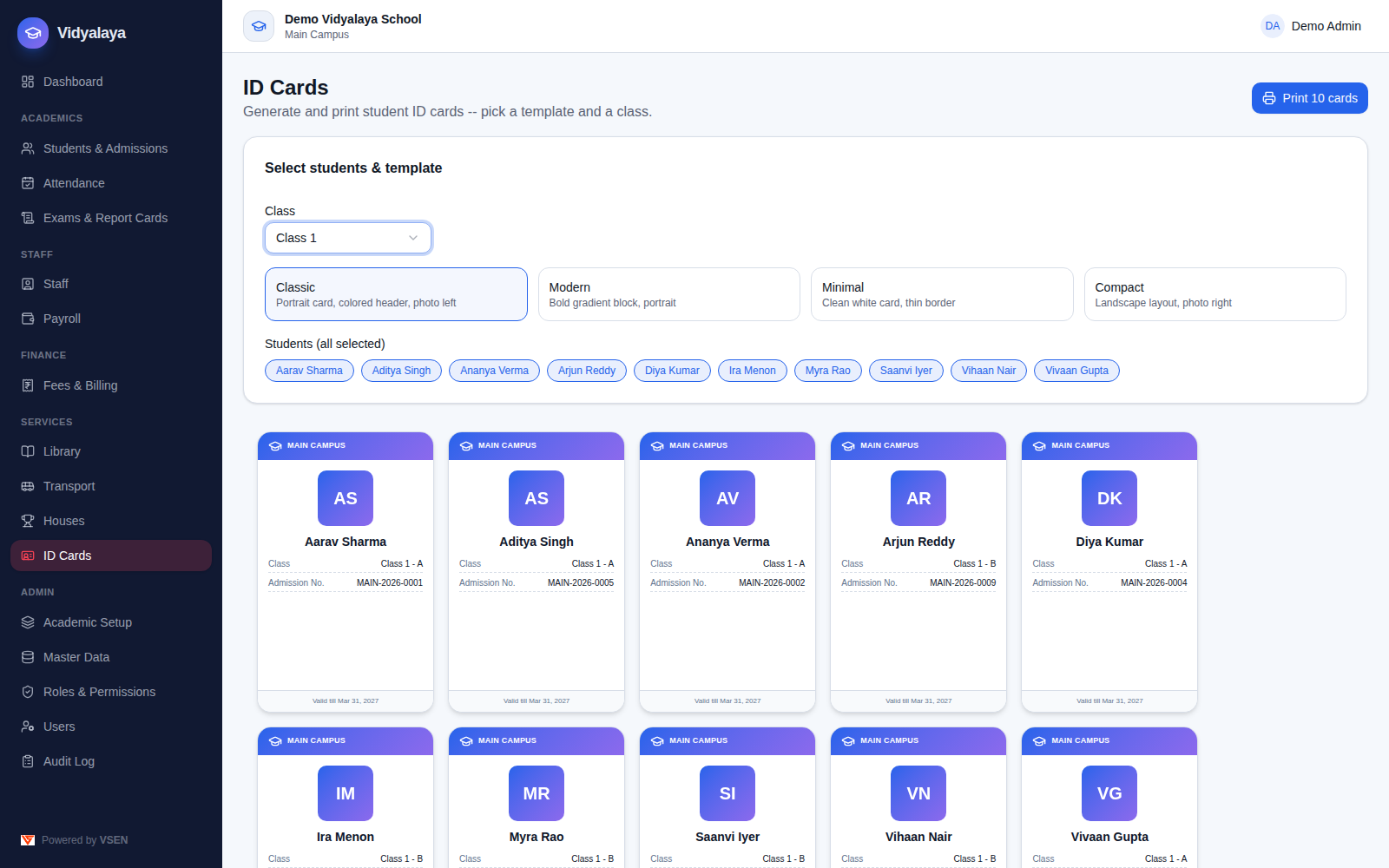 Generated student ID cards preview grid