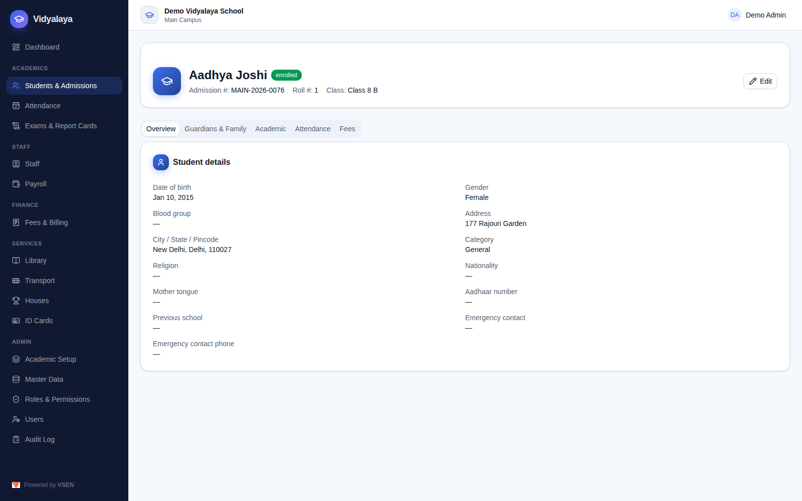 Individual student profile page with personal details
